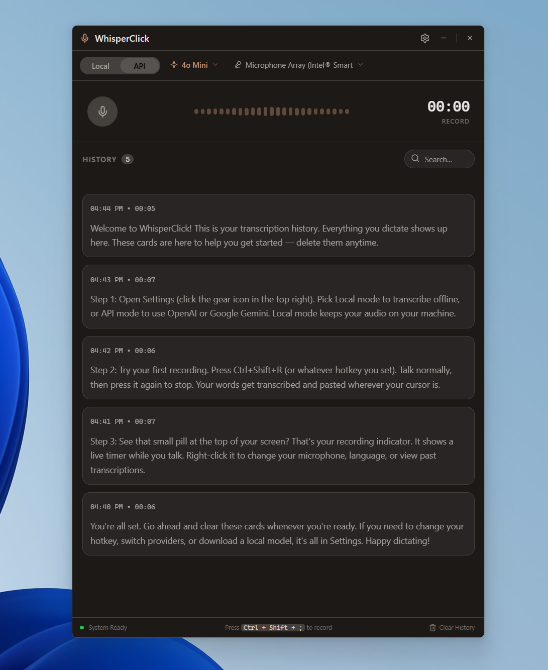 WhisperClick in dark mode
